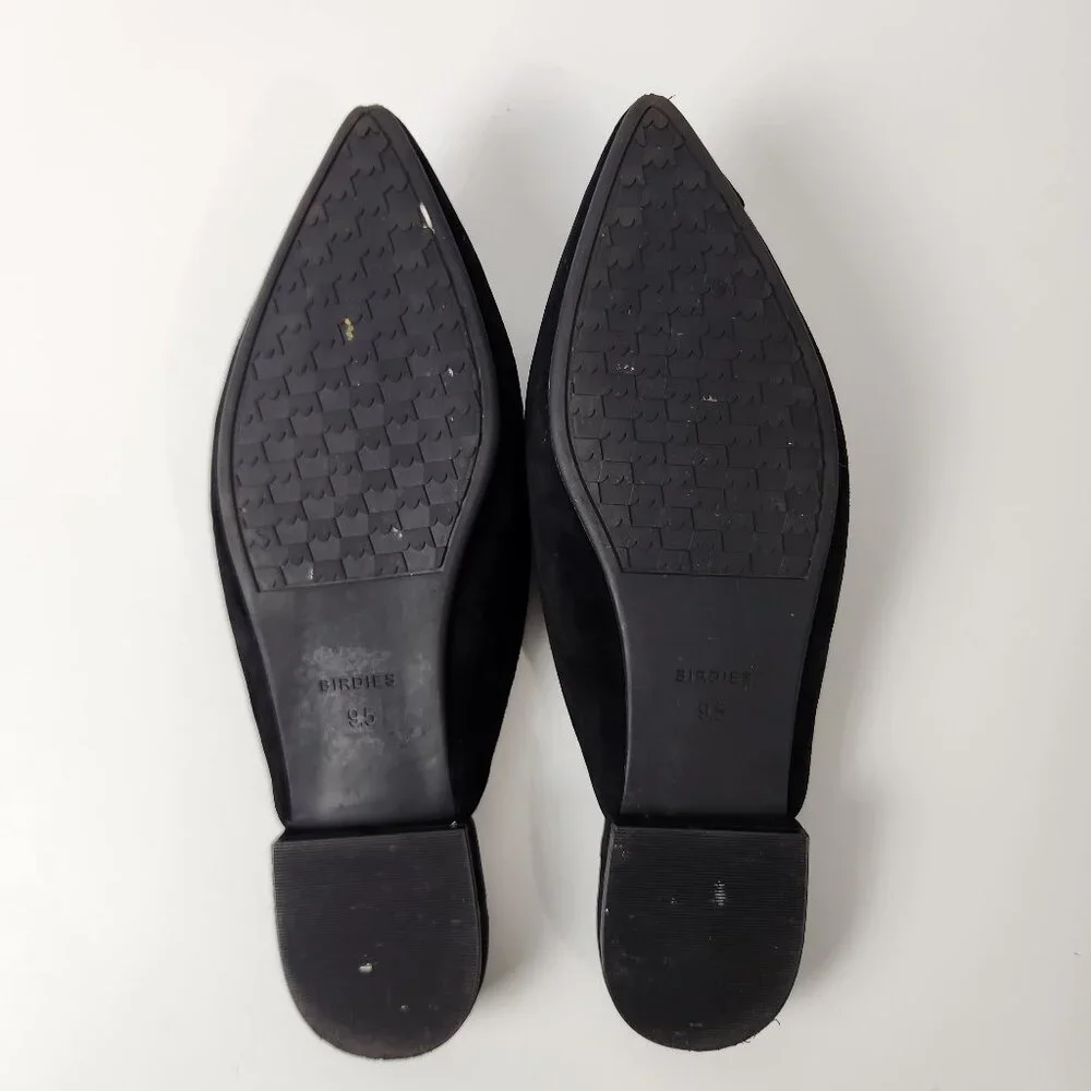 Birdies Shoes Womens 9.5 Black Swan Suede Mules Quilted Flats Leather Slip On - Picture 10 of 14